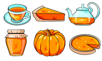 Autumn set. Pumpkin, hot tea, kettle, mug, pumpkin pie, jam.
