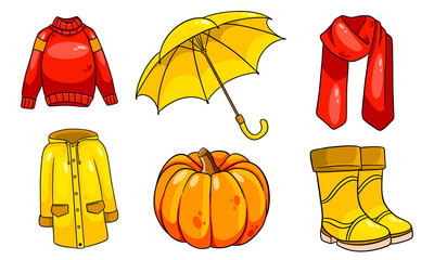 Fototapeta premium Autumn set. Pumpkin, scarf, raincoat, sweater, rubber boots, umbrella.