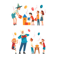 Fototapeta premium Holiday Party Actor or Entertainer Wearing Costume of Magician and Jester Playing with Kids Vector Set