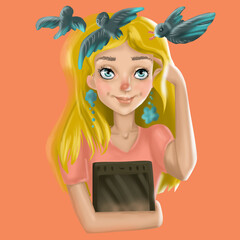 portrait of a happy white girl, birds circling around her head. concept of creative personality inspiration