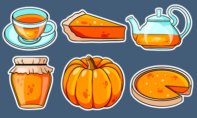 Autumn set. Pumpkin, hot tea, kettle, mug, pumpkin pie, jam. Stickers.