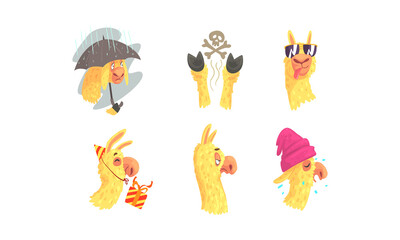 Funny Alpaca or Llama Character Popping Clogs and with Umbrella in Rainy Day Vector Set