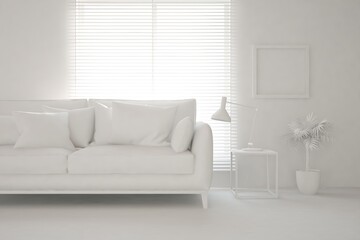White minimalist living room with sofa. Scandinavian interior design. 3D illustration