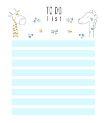 To do list with unicorn and giraffe. Vector illustration for for kids boys, on a white background.