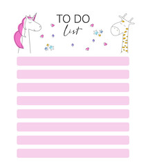 To do list with unicorn and giraffe. Vector illustration for children, on a white background.