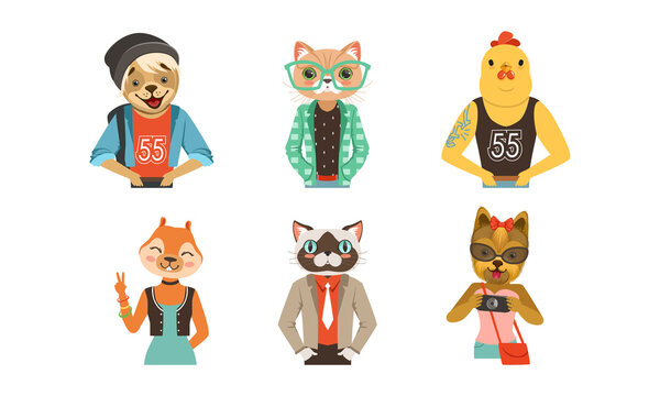 Hipster Animal with Body Dressed in Human Clothing and Garment Vector Set