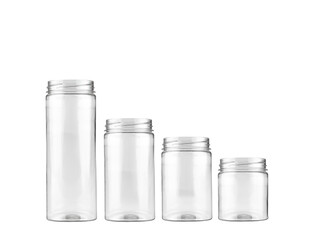 White cosmetic bottles isolated on a white background. Identical rectangular bottles of different sizes with a wide neck.