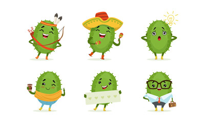 Cute Humanized Cactus Character in Business Suit with Briefcase and Playing Indian Vector Set