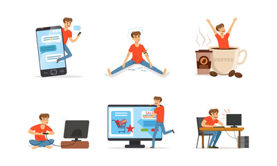 Bad Habit with Man Addicted to Coffee, Drugs and Video Games Vector Set