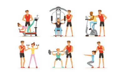 Fototapeta na wymiar Personal Gym Coach or Instructor Training People Characters Vector Set