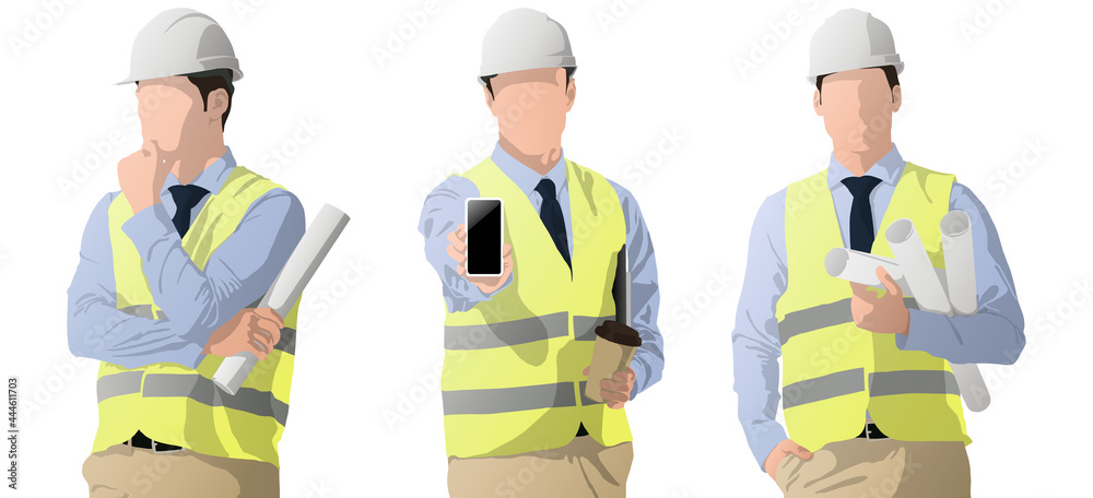 Wall mural Construction workers set. Thoughtful architect holding blueprints. Engineer holding smartphone with blank screen and coffee. Vector flat-style illustration