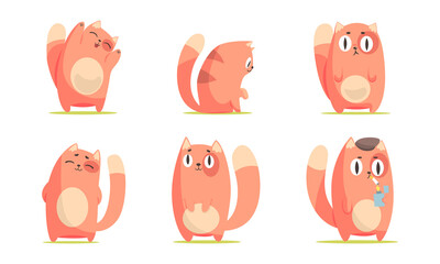 Cute Red Cat Character Smiling and Smoking Cigarette Vector Set