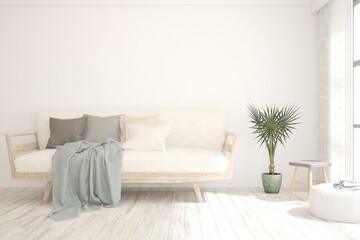 Soft color living room with sofa. Scandinavian interior design. 3D illustration