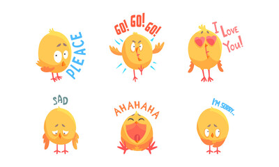 Cute Comic Yellow Chick Character Showing Different Emotion Vector Set