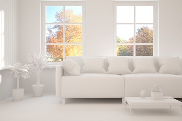 Stylish room in white color with sofa and autumn landscape in window. Scandinavian interior design. 3D illustration