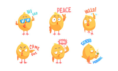 Cute Comic Yellow Chick Character Showing Different Emotion Vector Set