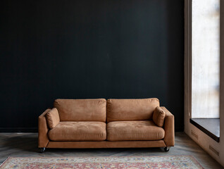 Comfortable sofa with pillows in the interior of a spacious living room, real photo with copy space on an empty black wall
