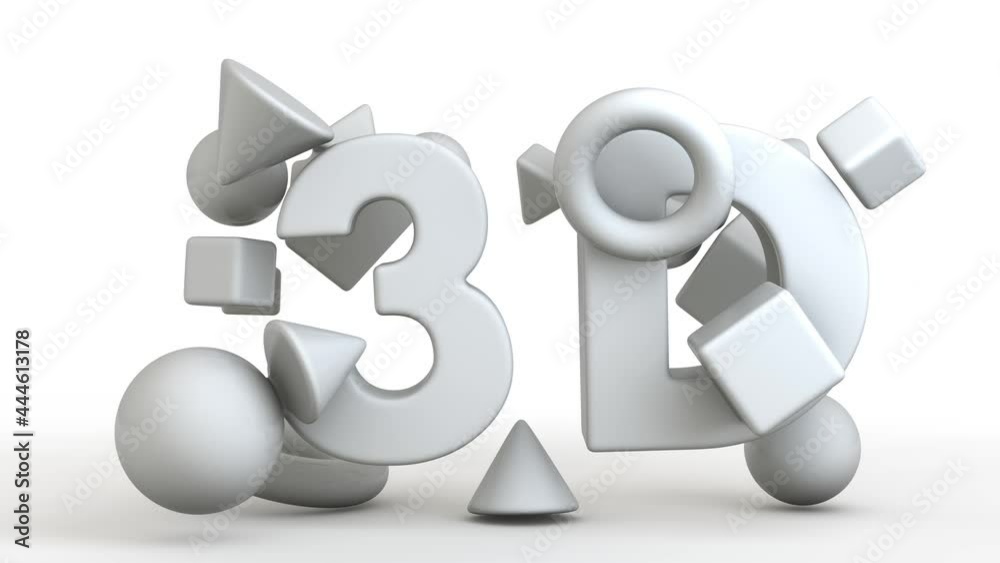 Poster 3d loop animation of an array of smoothed geometric shapes and text, 3d graphics symbol, 3d text. ch