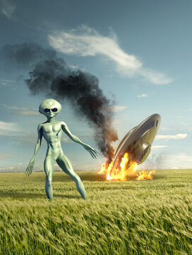 Classic Flying saucer UFO crash site with a green alien. Classified extraterrestrial life on Earth. 3D illustration
