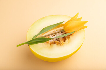 Sliced ripe yellow melon and tulip flower on orange pastel background. Side view, close up.