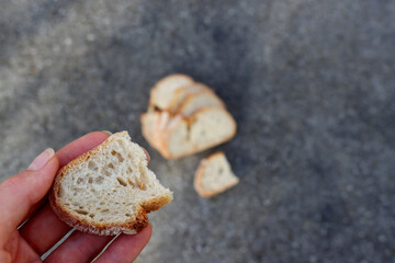 A slice of fresh bread in a female hand on a blurred gray background.