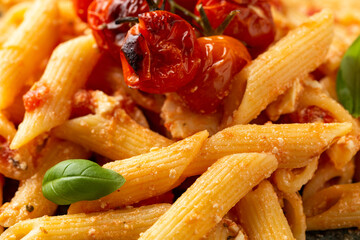 Baked sweet cherry tomatoes and Greek feta cheese fussily pasta. Trendy Vegetarian food