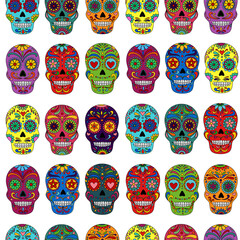 Day of the Dead  skulls pattern. Dia de los muertos print. Day of the dead and  mexican Halloween texture. Mexican tradition  festival. Day of the dead sugar skull isolated. Dia de los Muertos tattoo 