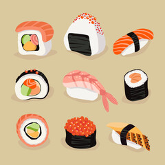 vector collection of sushi bar, rolls, sushi and nigiri. Japanese restaurant national food.