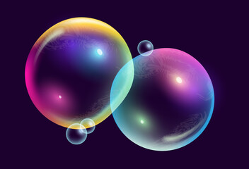 Two large and colouful realistic transparent bubbles. Vector illustration.