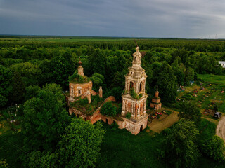Fototapeta na wymiar Abandoned Russian orthodox Church of the Transfiguration of the Savior, Ryazan region, aerial view