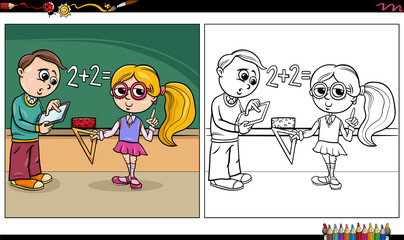 cartoon boy and girl at blackboard coloring book page