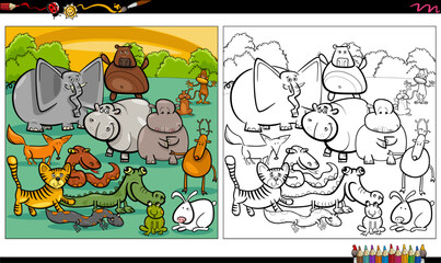 cartoon wild animals group coloring book page