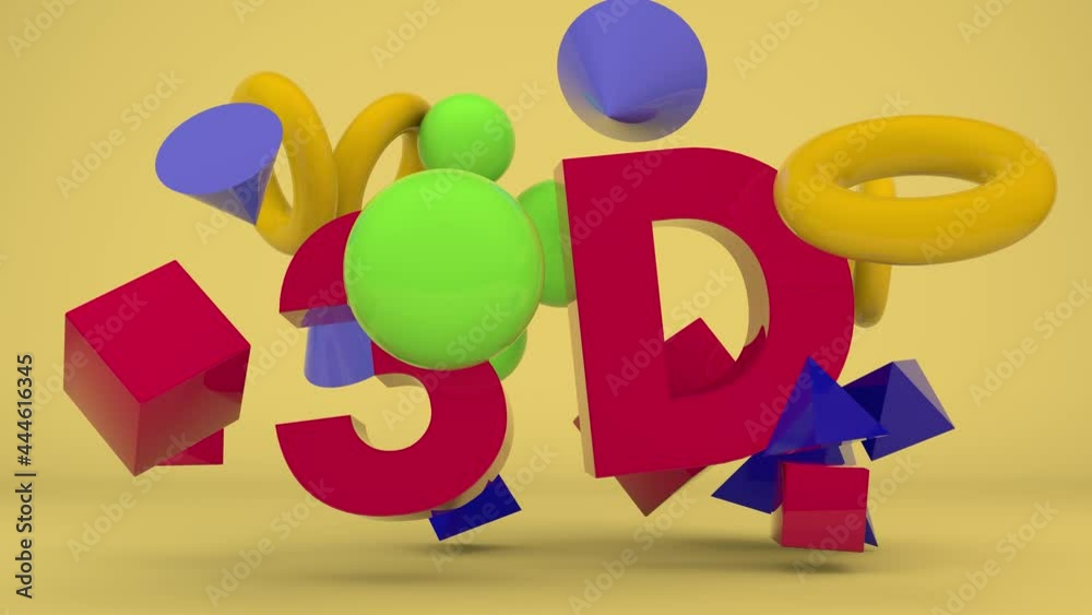 Poster 3d loop animation of an array of multi-colored geometric shapes and text, a 3d graphics symbol. chao