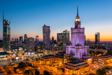 Warsaw city center at dusk, beautiful sunset over the city