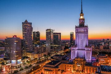 Fototapeta na wymiar Warsaw city center at dusk, beautiful sunset over the city