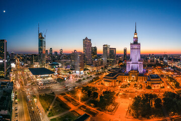 Warsaw city center at dusk, beautiful sunset over the city