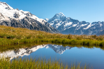 Fototapeta na wymiar Scenic reflection of Mount Aoraki from Mueller Hut Route, Mount Cook National Park in New Zealand