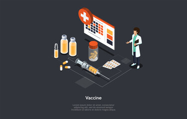 Vector Illustration In Cartoon 3D Style. Isometric Composition On Dark Background With Text. Vaccine, Vaccination Process Concept, Medical Worker And Elements. Coronavirus. Other Disease Prevention