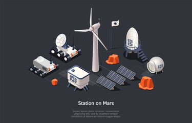 Isometric Illustration. Vector Cartoon Style Composition, 3D Design. Characters, Writing And Elements On Dark Background. Cosmic Station On Mars Installation, Space Explore Expedition Equipment Set. © Intpro
