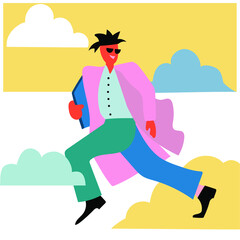 Running man, business man modern vector concept. Running man through the clouds to meet a dream. 