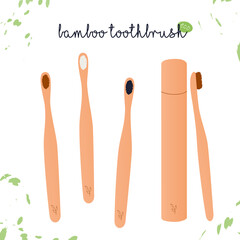 Eco-friendly style. Bamboo toothbrushes. Natural wood case for toothbrushes. Degradable toothbrushes. Vector flat illustration 