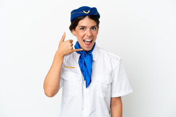 Airplane stewardess caucasian woman isolated on white background making phone gesture. Call me back sign