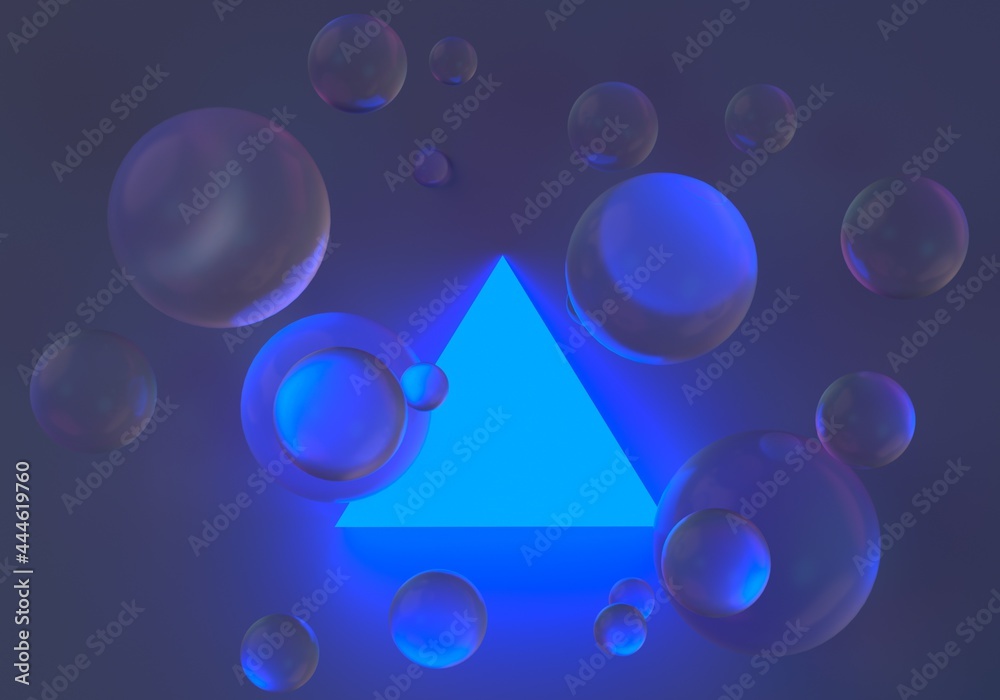 Poster abstract surreal sci-fi background with floating glass spheres and neon triangle. 3d illustration.