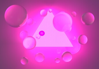 Abstract surreal sci-fi background with floating glass spheres and neon triangle. 3D illustration.