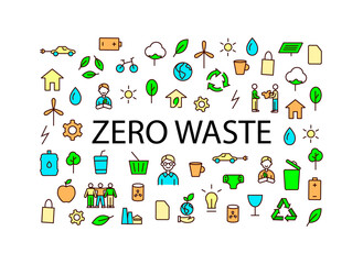 Zero waste idea text concept. Earth pollution. Save the planet. Color pattern with linear icons. Vector illustration