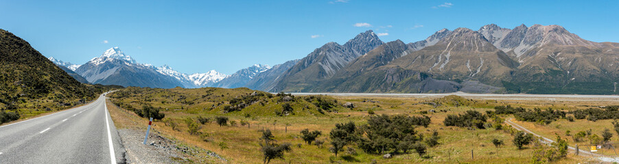 Scenic view of Southern Alps from the entrance to Aoraki National Park, New Zealand