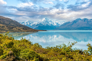 Fototapeta na wymiar Scenic reflection of Mount Sefton and Mount Cook at lake Pukaki, New Zealand
