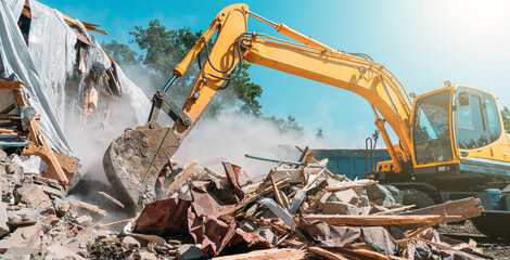 Demolition of building. Excavator breaks old house. Freeing up space for construction of new building. - obrazy, fototapety, plakaty