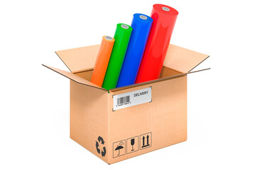 Multicolor PVC Polythene Plastic Tape Rolls inside cardboard box, delivery concept. 3D rendering