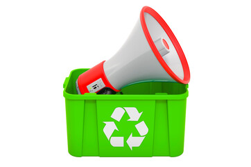 Recycling trashcan with megaphone, 3D rendering